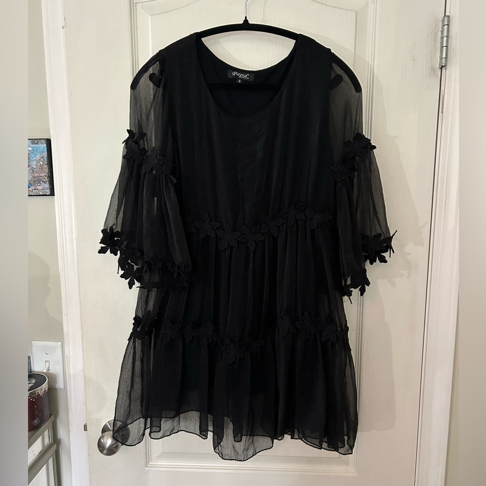 Papa Vancouver Black Lace Flower Adorned Babydoll Dress